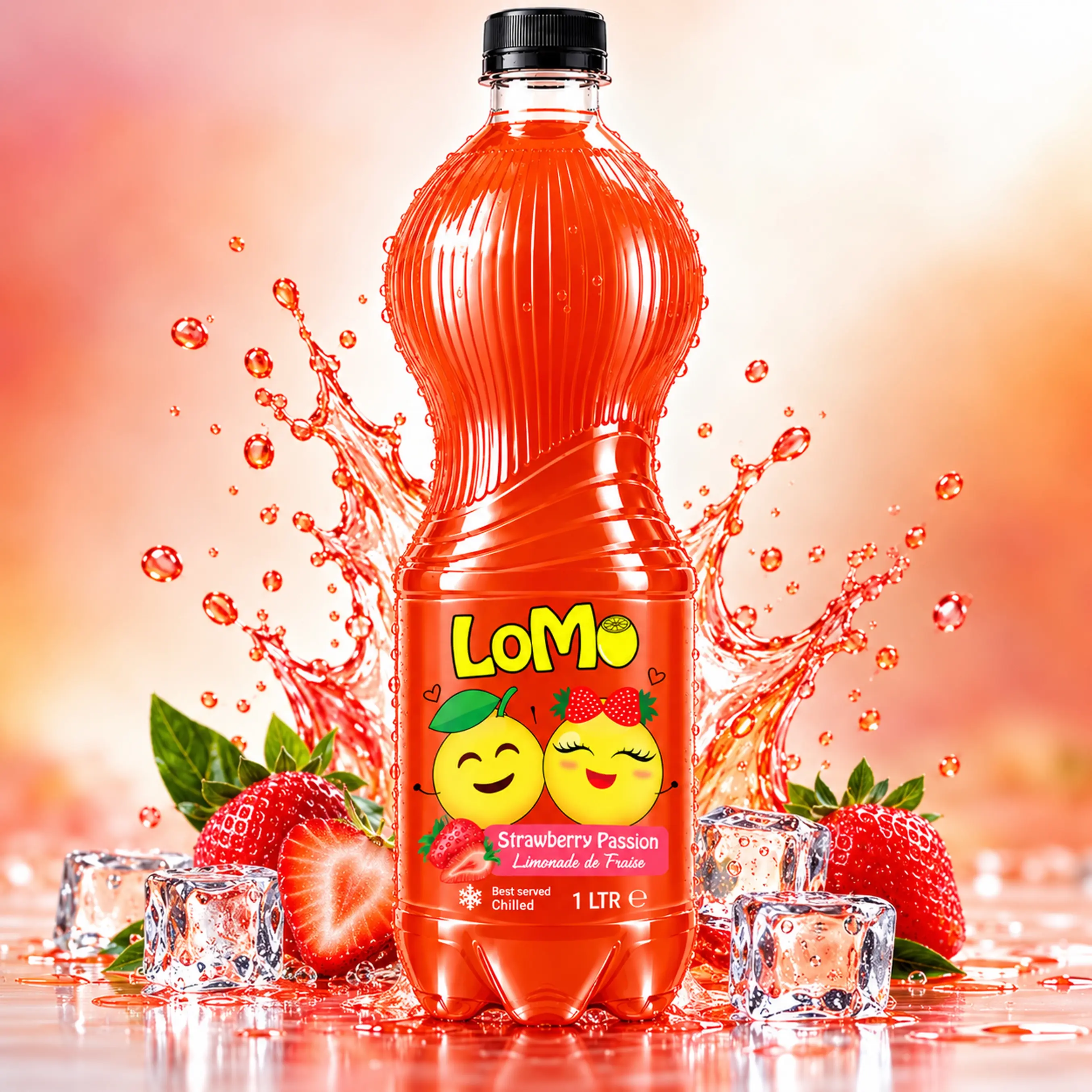 LOMO Strawberry Passion 1L lemonade bottle with fresh strawberries, ice cubes and red fruit splash.